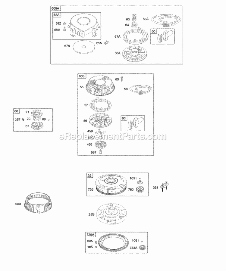 Flywheel Rewind Starter Diagram and Parts List for 28D707-0123-01  Briggs and Stratton Engine